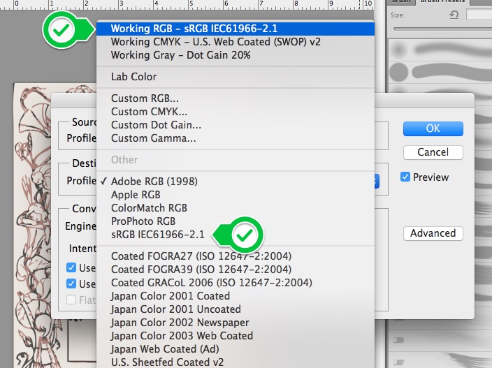 Screenshot from photoshop showing the sRGB color profile option