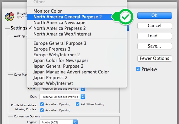 Screenshot from photoshop of color setting north america prepress 2