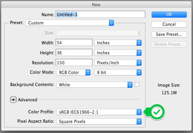 Screenshot from photoshop showing the new image setup options