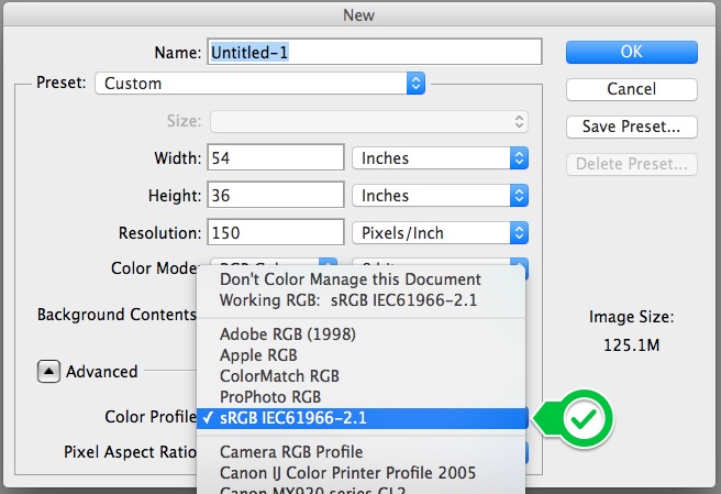 Screenshot from photoshop showing the sRGB option for a new file