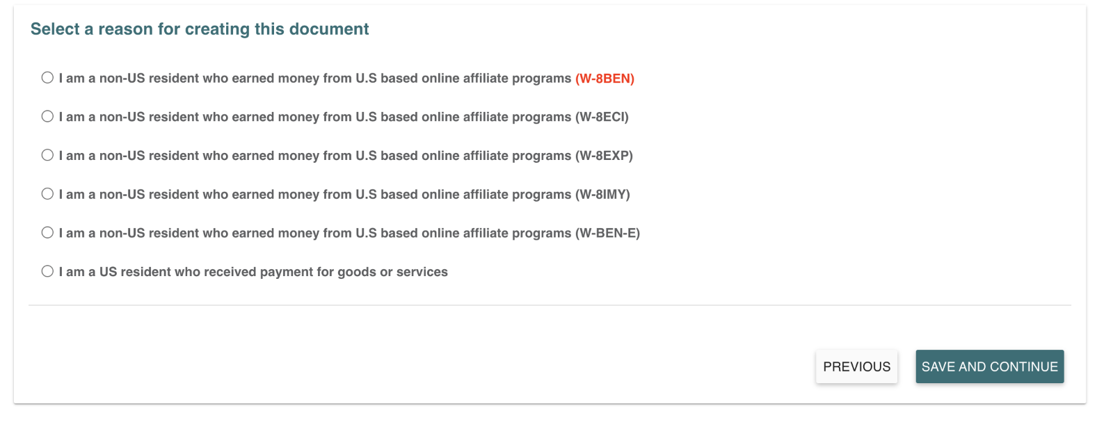 screenshot of first page of tax process