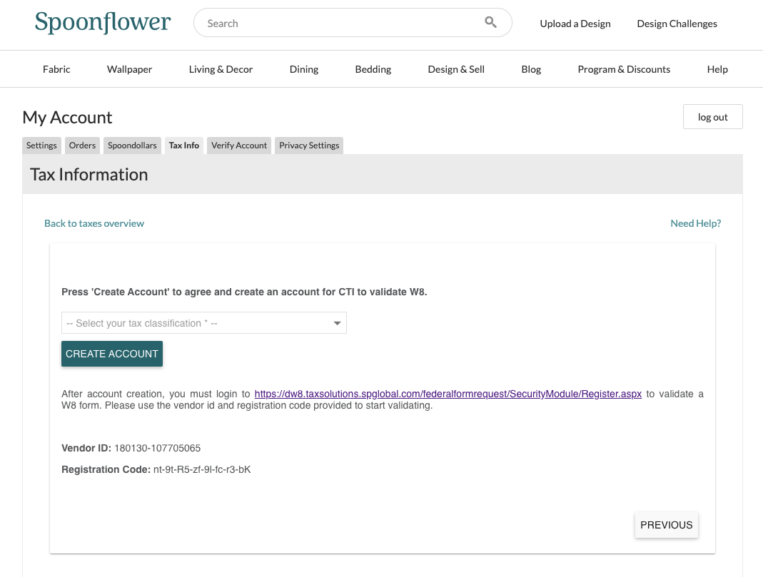 screenshot of tax account creation
