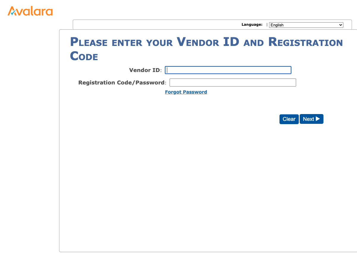 screenshot of avalara vendor id and registration code fields