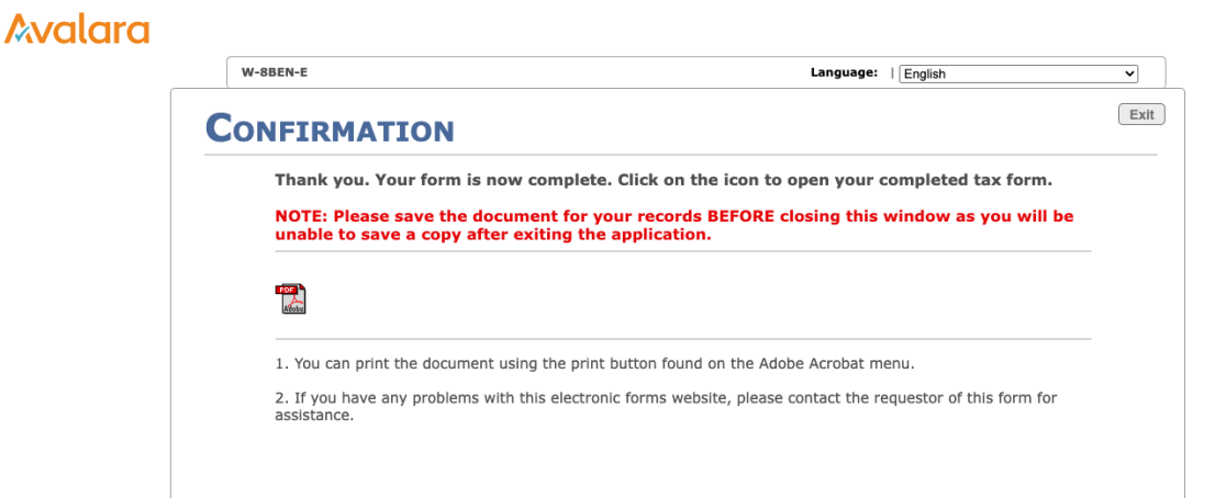 screenshot of avalara confirmation