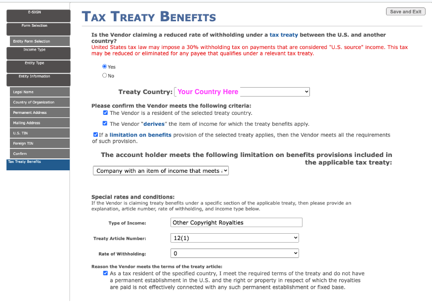 screenshot of tax treaty benefits page