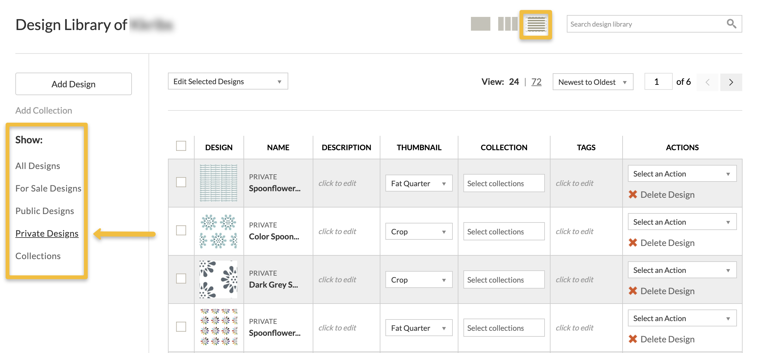screenshot of filters in design library