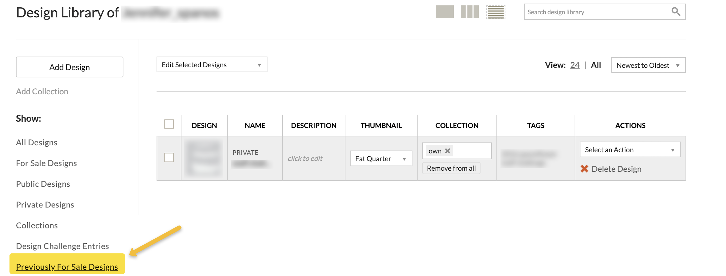 Screenshot of Design Library with previously for sale designs option