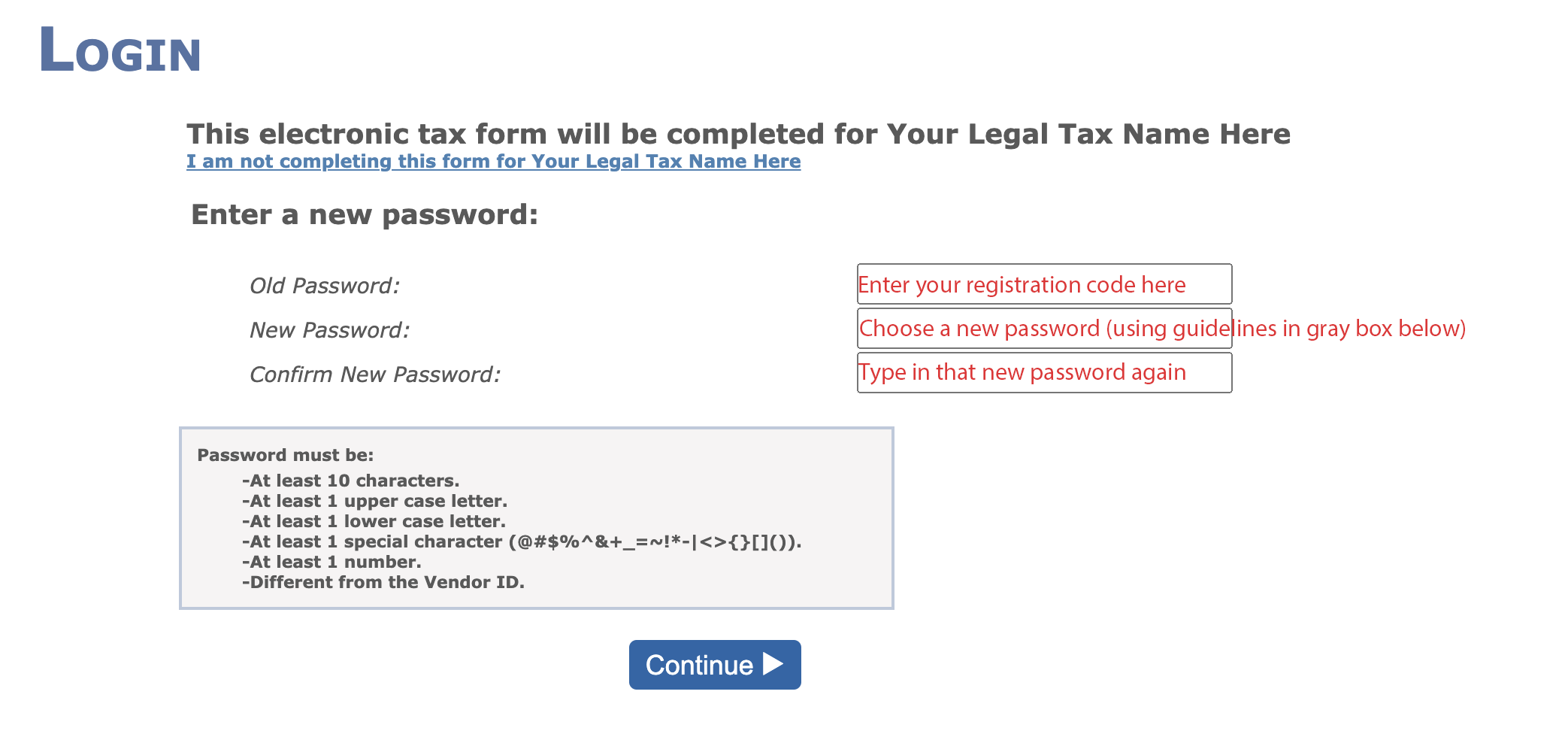 screenshot of password reset in avalara