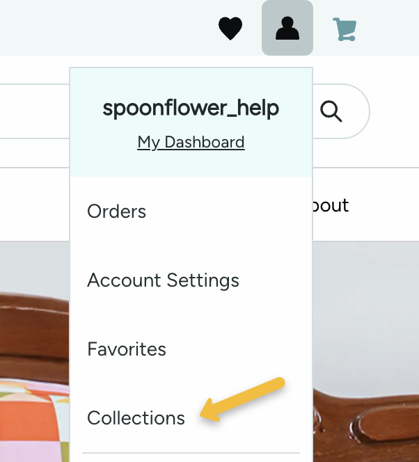 screenshot of collections option under user profile icon