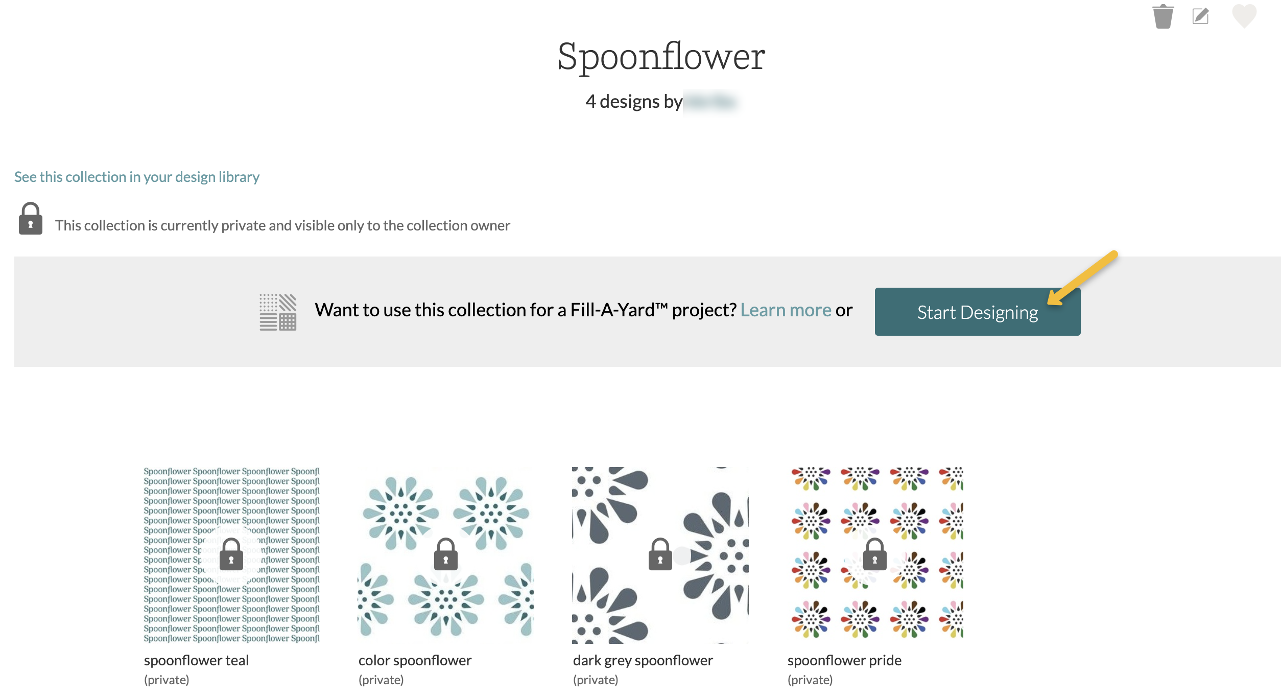 screenshot of start designing button on collection page