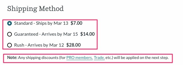 screenshot of shipping methods in the cart