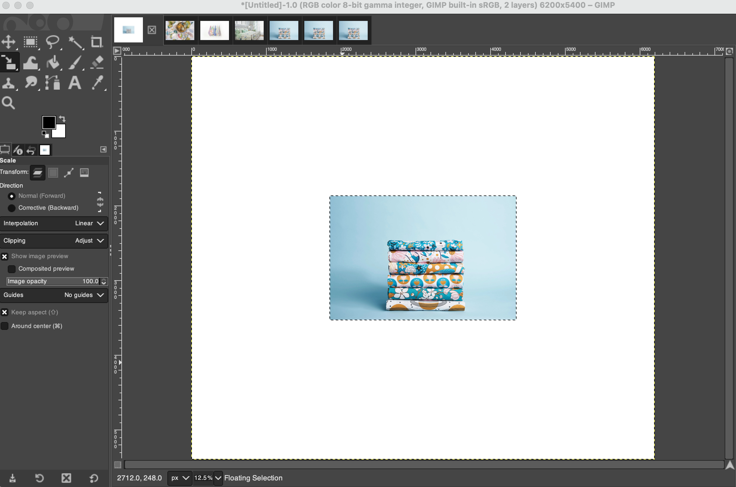 Screenshot of a large blank gimp file with a small photo of fabric in the center