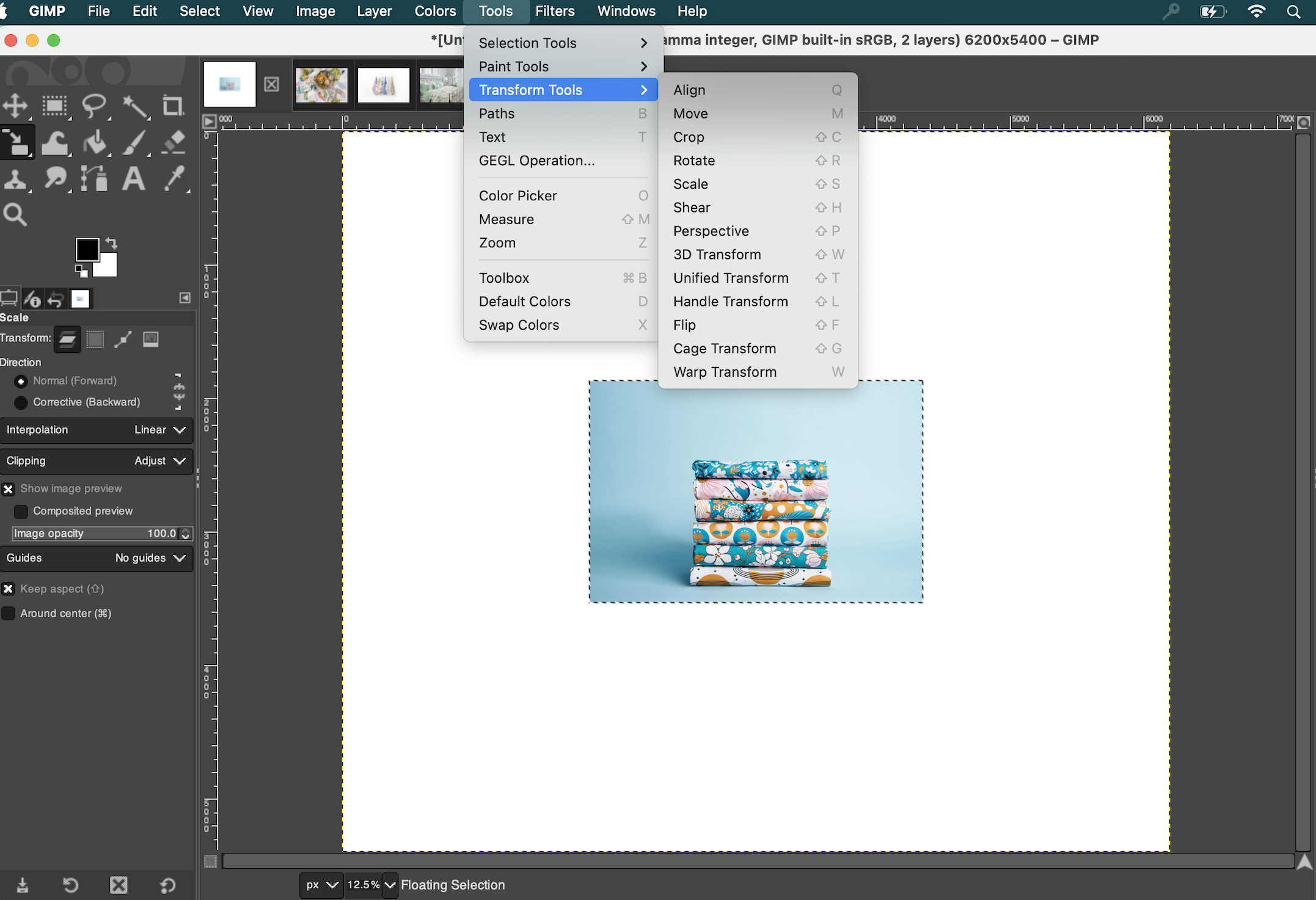 Screenshot from gimp of the transform tools option under the tools menu