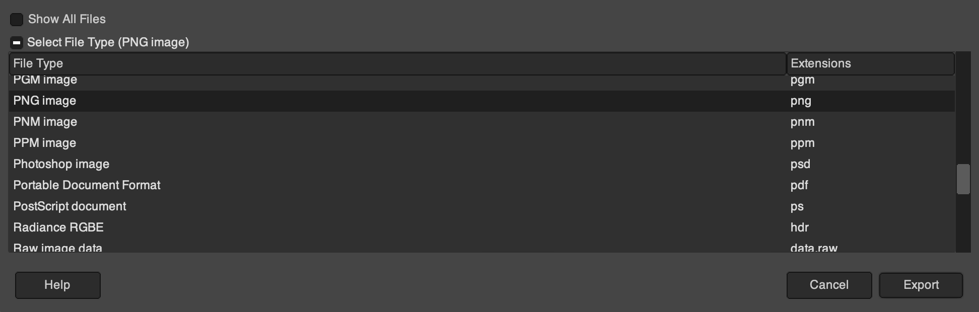Screenshot of File Type Menu in Gimp