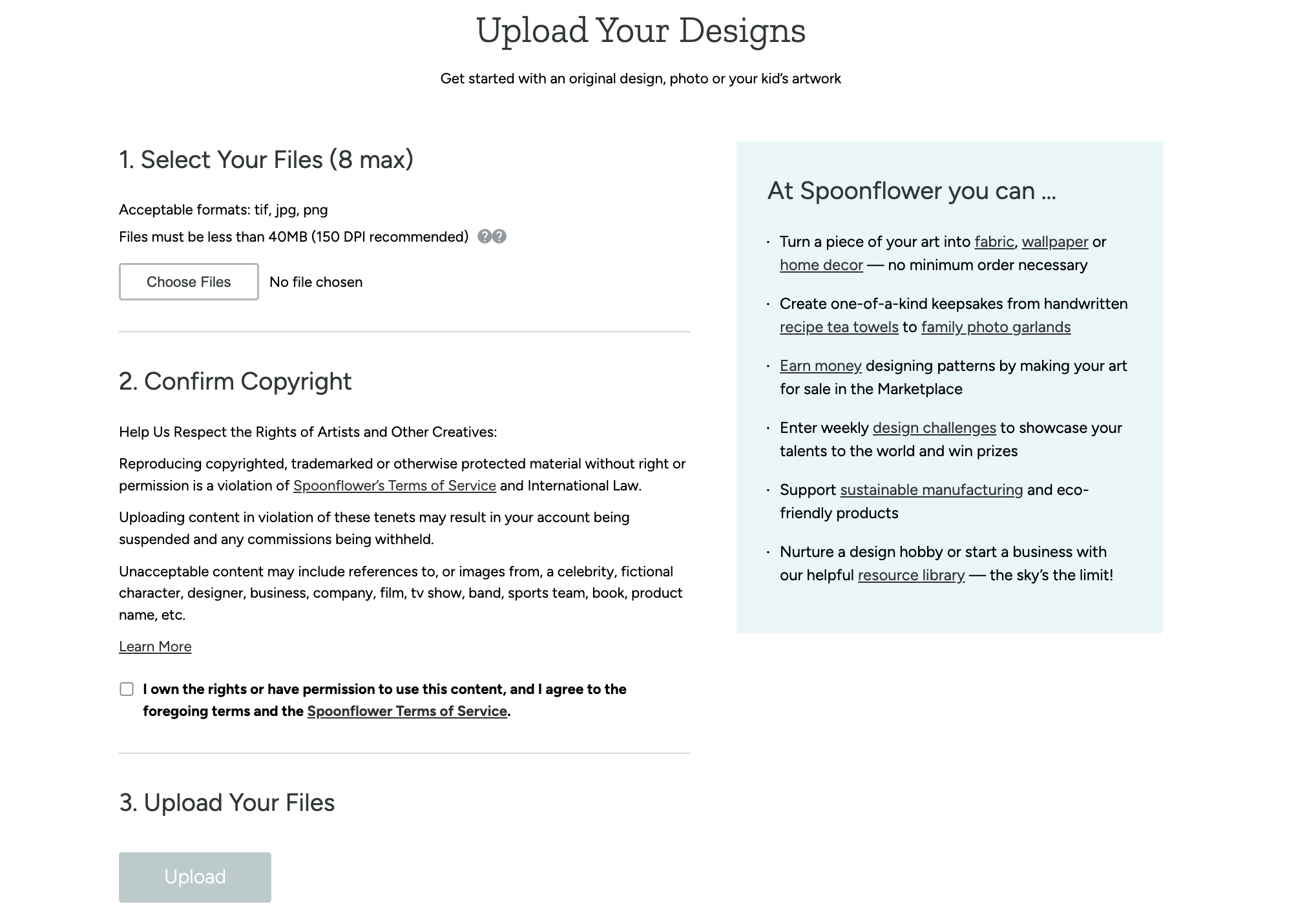 Screenshot of Spoonflower's Upload Design Page