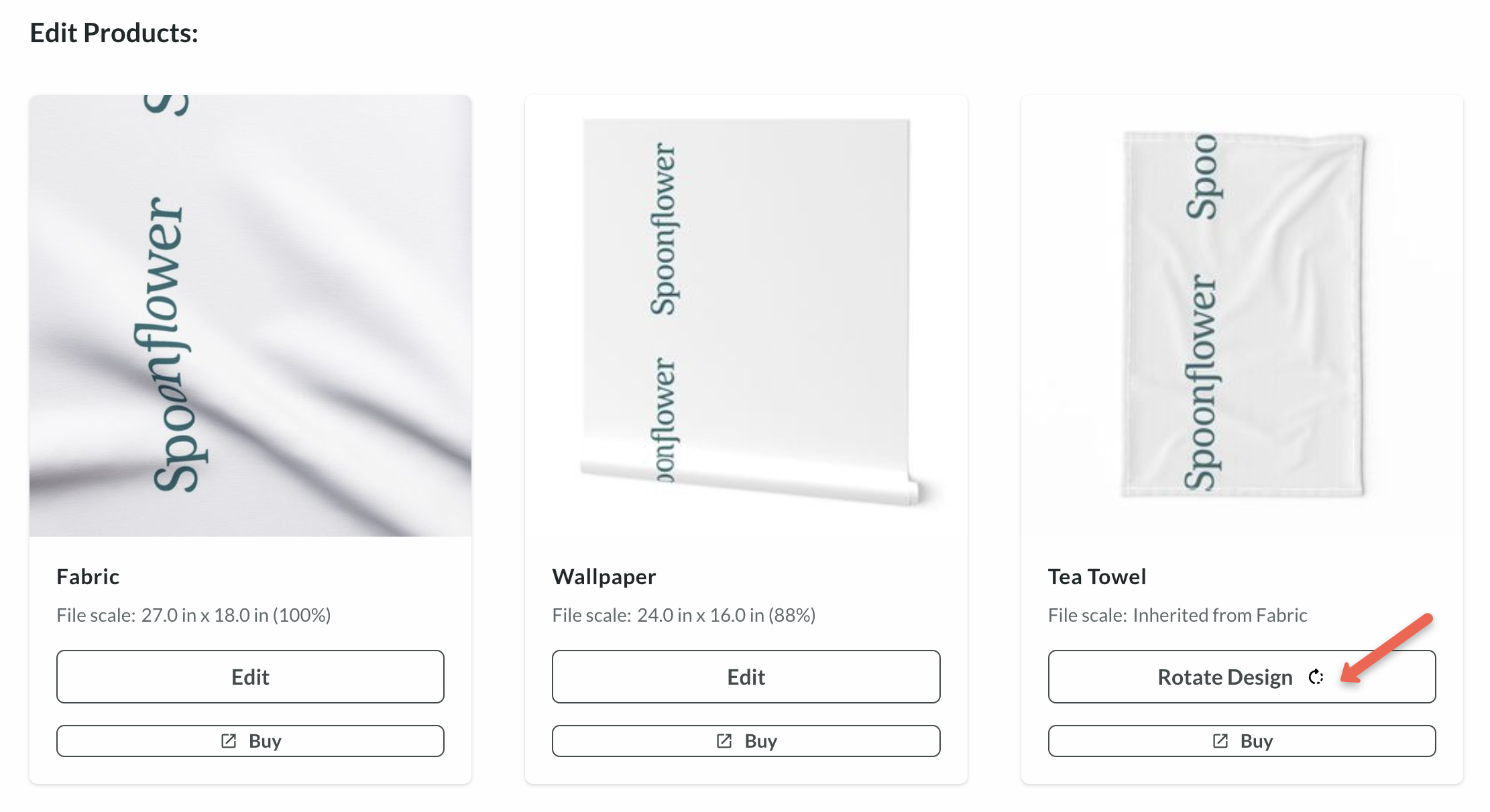 Edit product page showing fabric wallpaper and tea towel previews