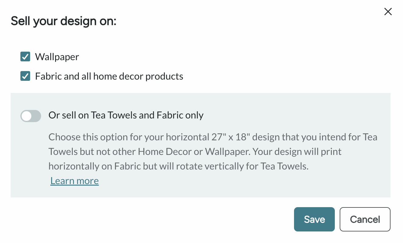 screenshot of wallpaper fabric and tea towel options