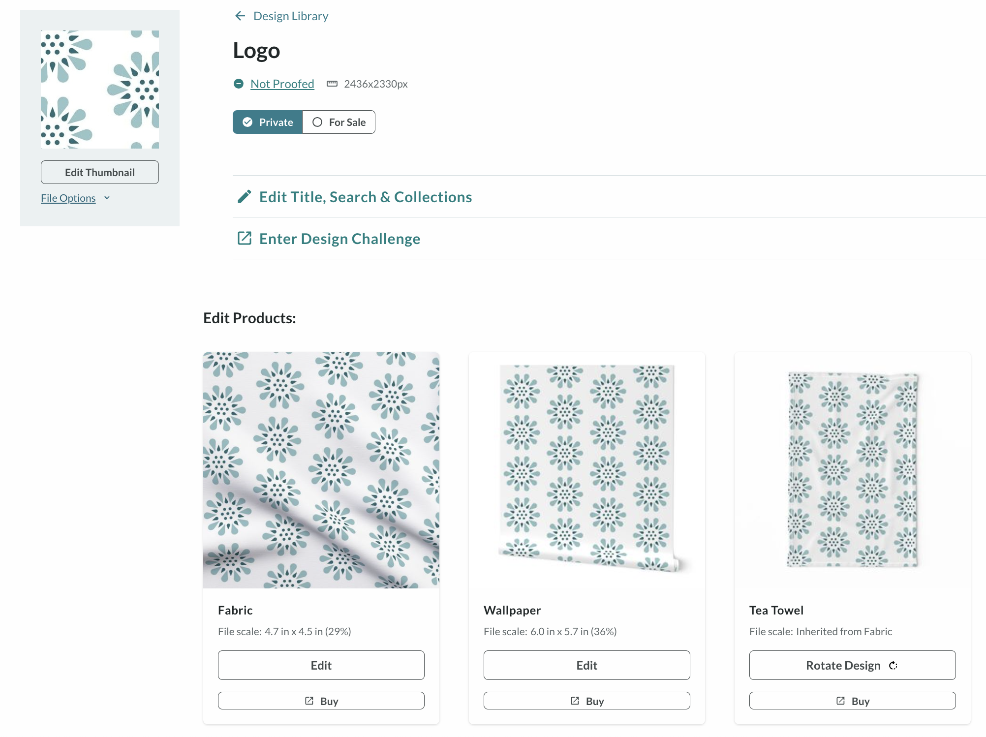 Spoonflower logo previewed on the design edit page