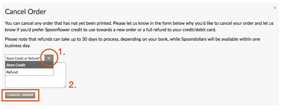 screenshot of store credit or refund dropdown menu
