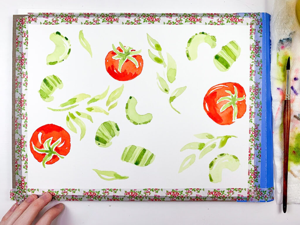 a watercolor painting of tomatoes with celery