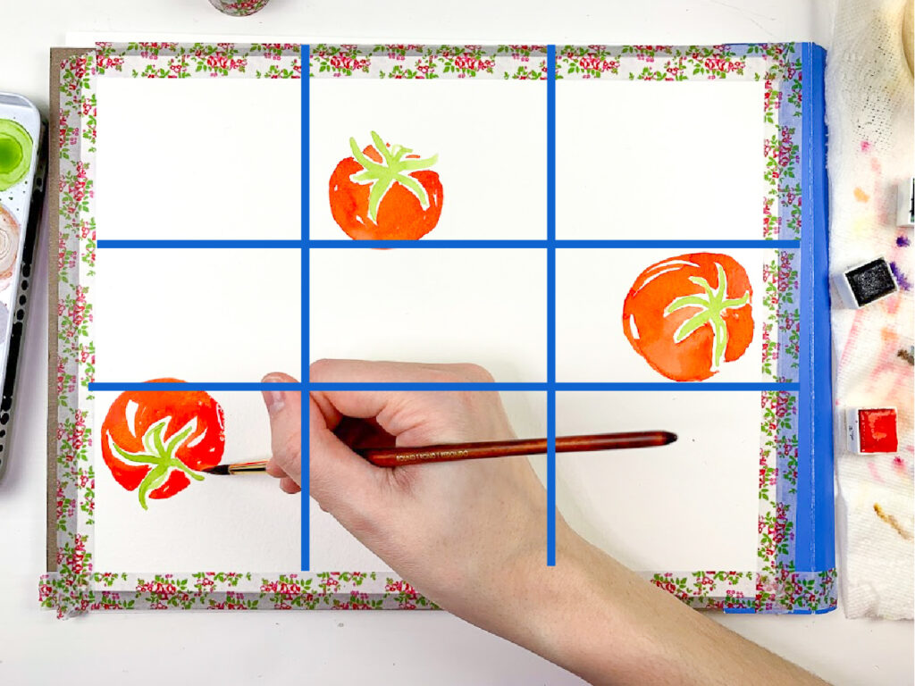 a watercolor painting of tomatoes with a 3x3 grid overlaying it