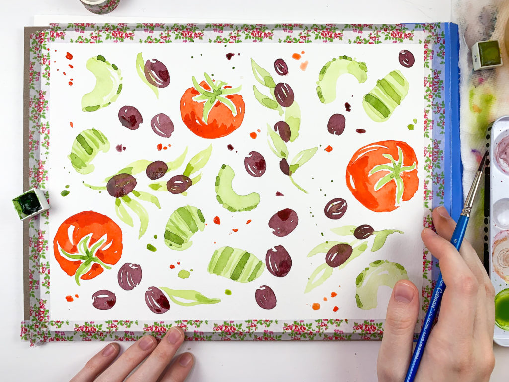 a finished painting of tomatoes, olives, celery in watercolor