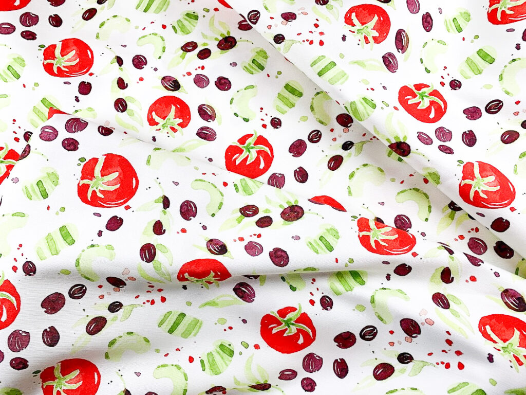 fabric digitally printed with tomatoes, olives, and celery