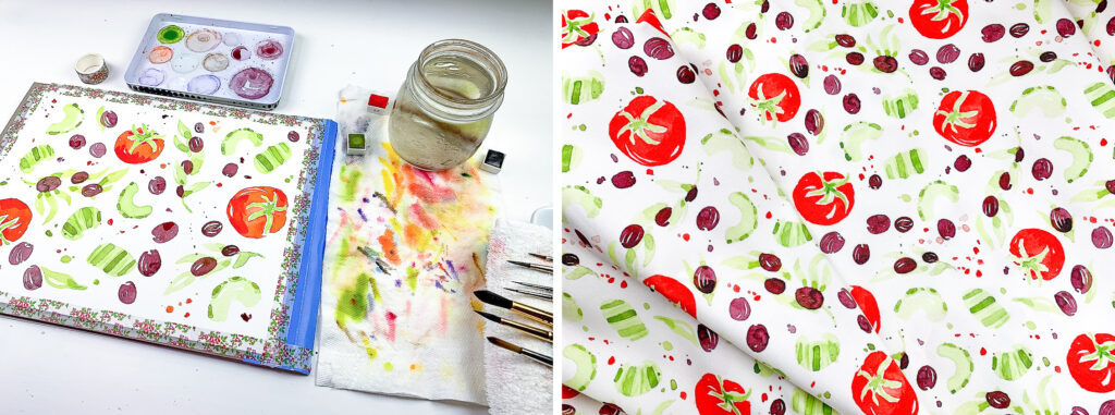 left photo shows painting supplies and a watercolor painting of tomatoes, cucumbers, olives, and celery.  The right photo shows this painting printed on fabric. 