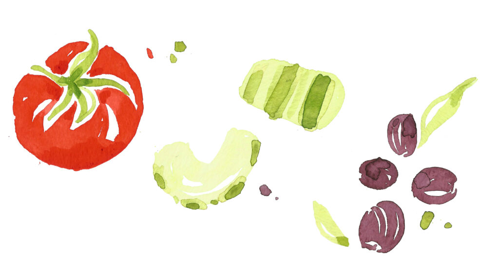 watercolor painting of tomatoes, celery, and olives.