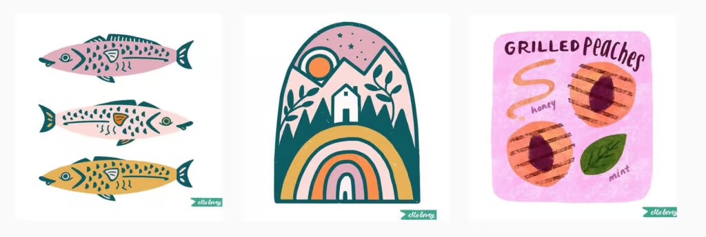 three illustrations side by side - fish, a landscape, and peaches.