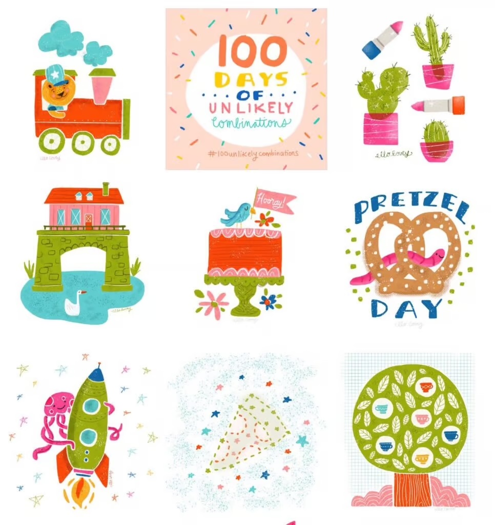 a 3x3 grid of small whimsical illustrations