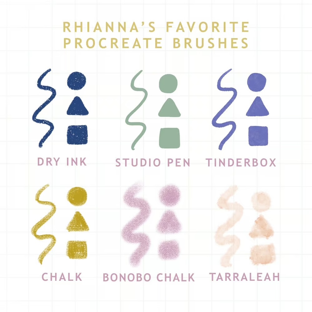 rhianna's favorite procreate brushes - dry ink, studio pen, tinderbox, chalk, bonobo chalk, and tarraleah.