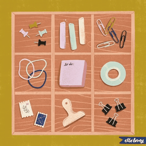 a gif showing a timelapse of an illustration of office supplies in a 3x3 grid