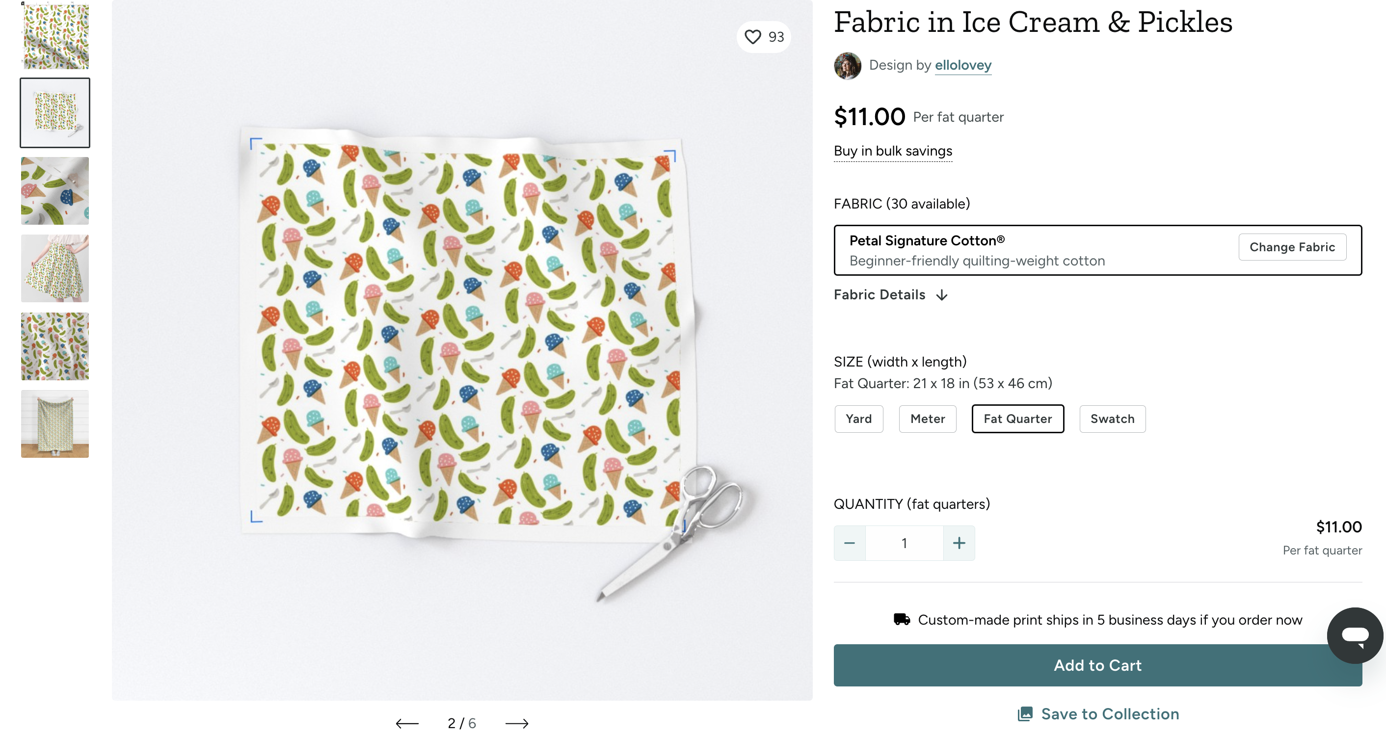 a screenshot of the spoonflower website with ice cream and pickle design on fabric