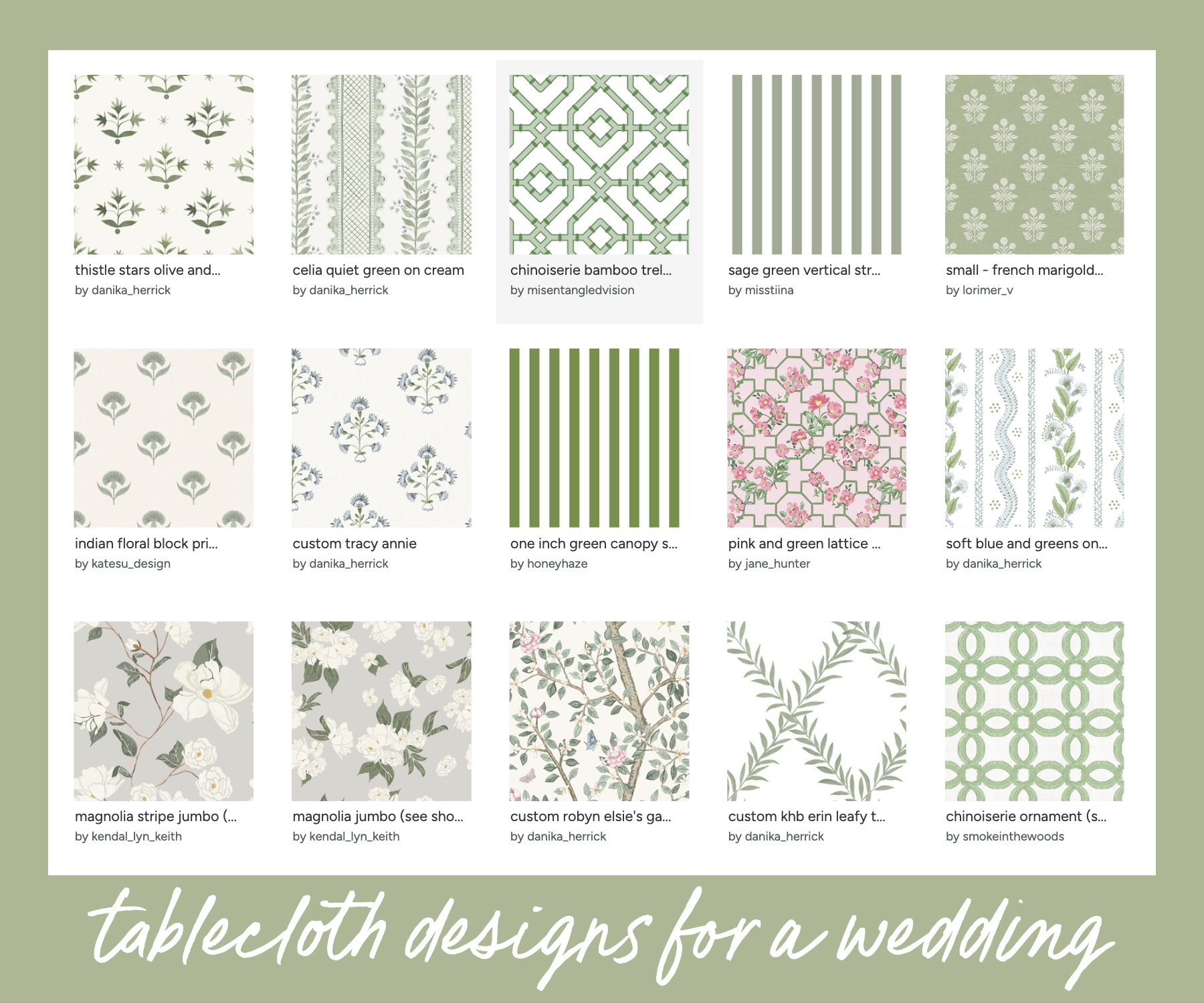 a collection of green block print, striped, and floral designs on spoonflower with the text ''tablecloth designs for a wedding"