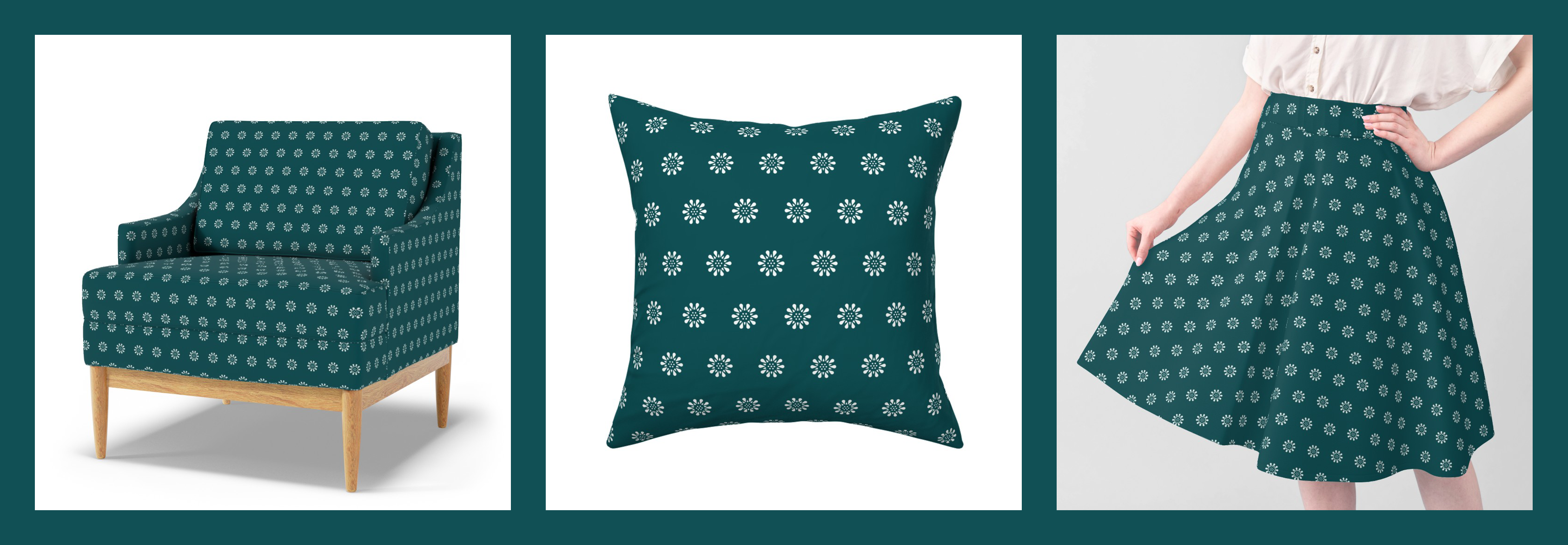 spoonflower logo printed on chair, pillow, and skirt
