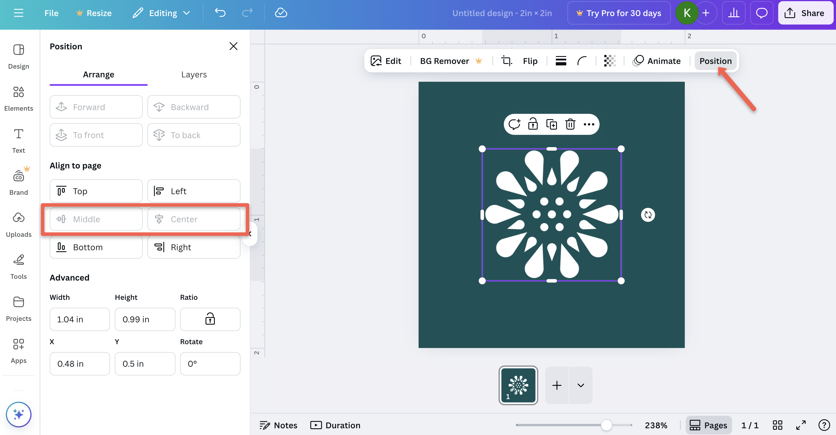 screenshot of position option in canva