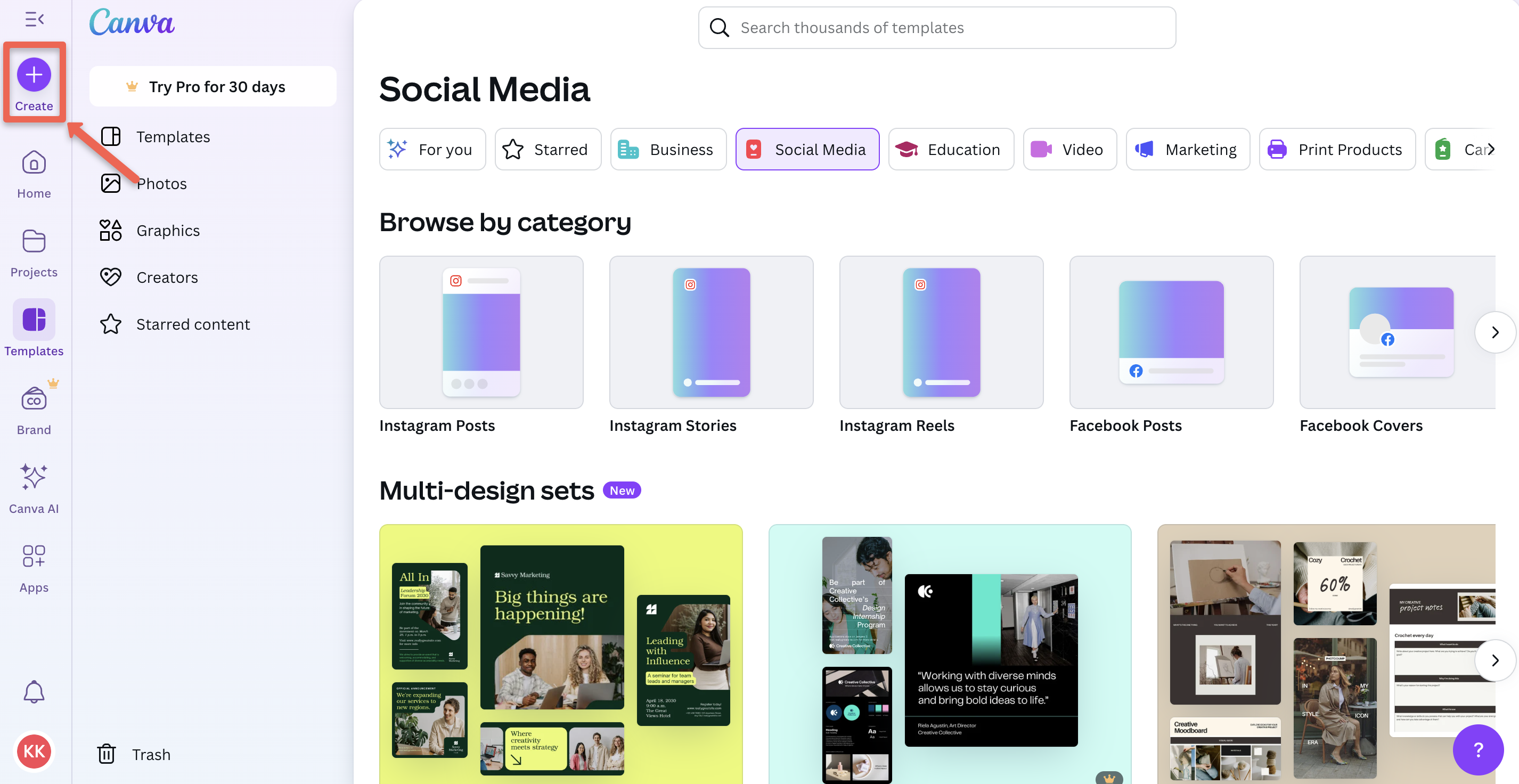 screenshot of canva home page with create button highlighted