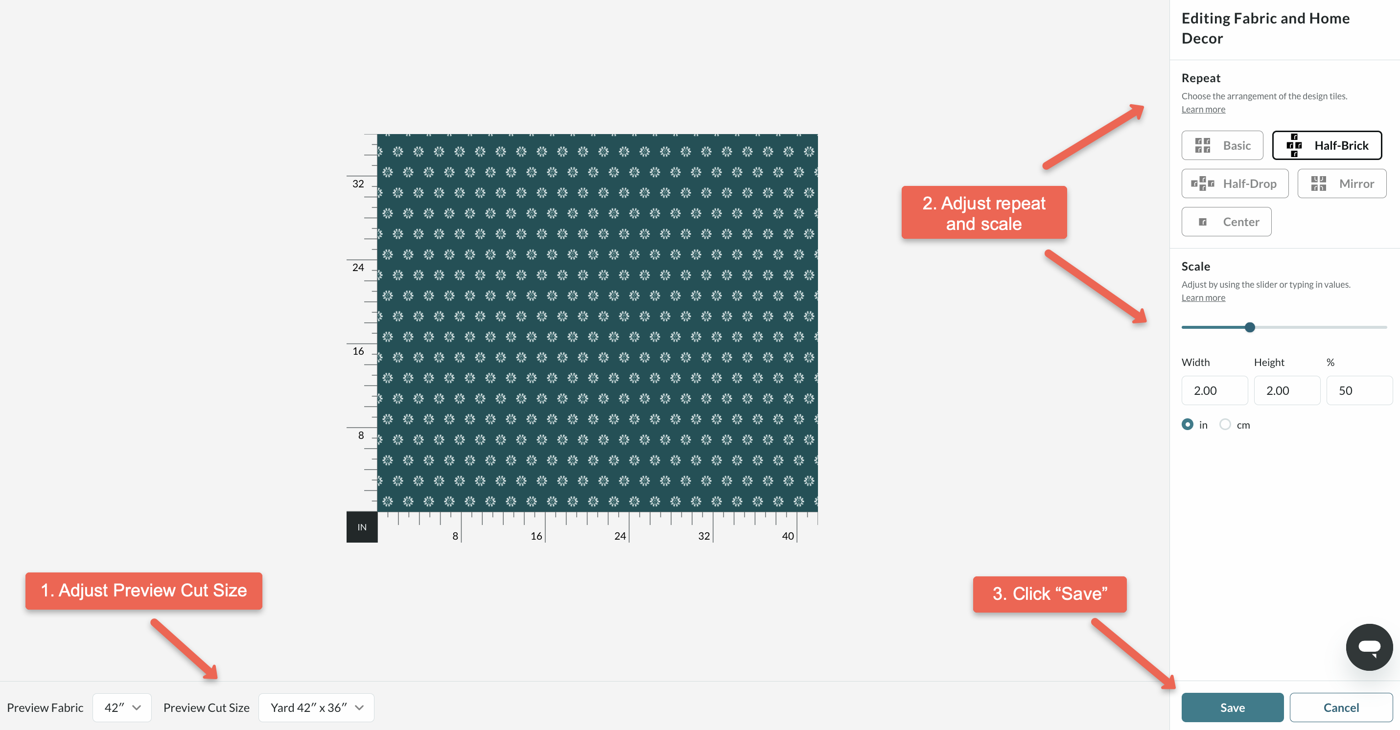 screenshot of design edit page to adjust repeat and scale