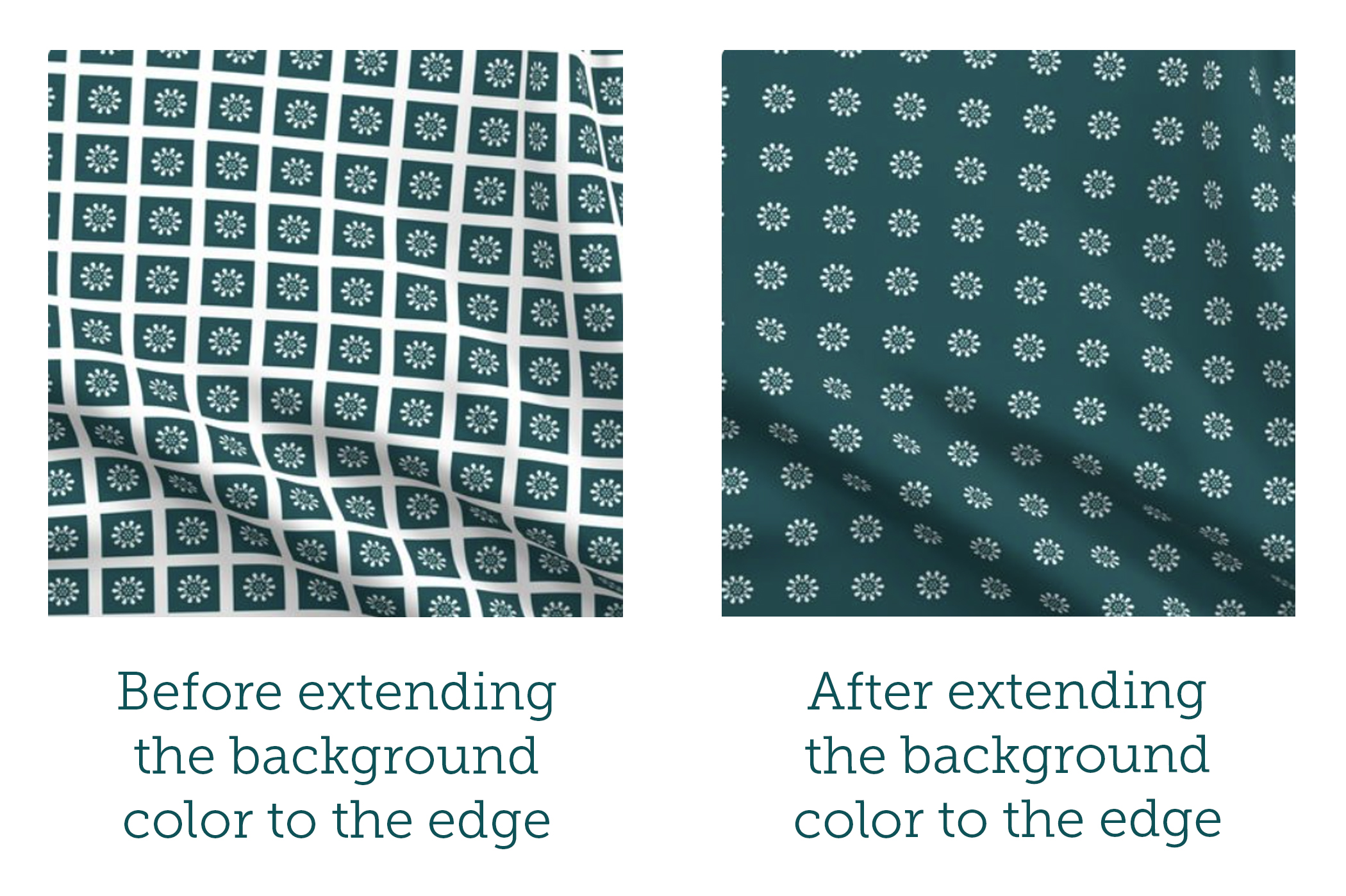 spoonflower logo repeated on fabric with white border in the file compared to no border in the file 