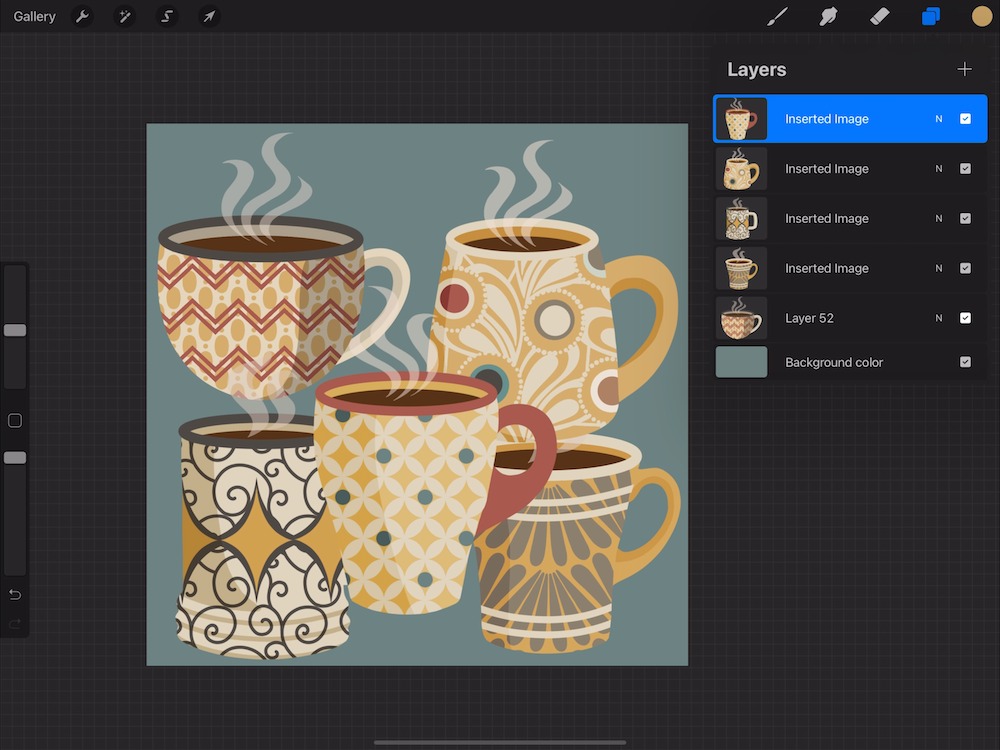 screenshot of layered mug images in procreate with one layer selected