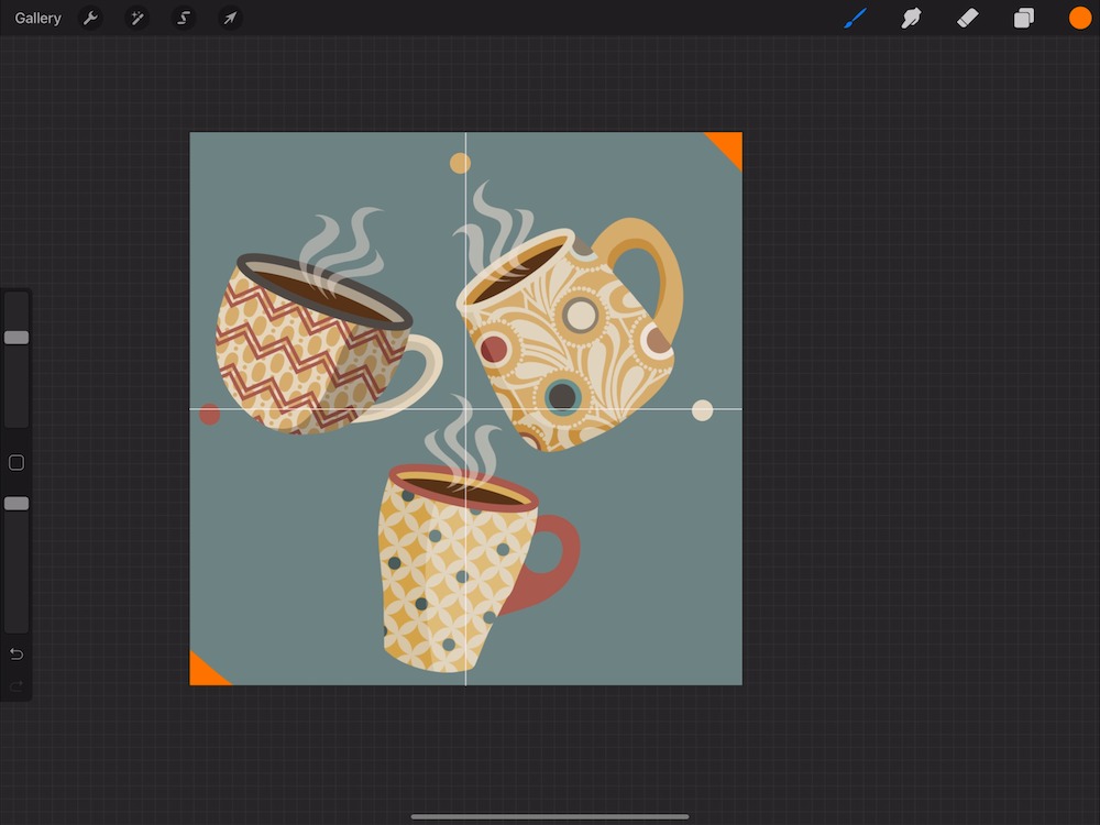 screenshot of procreate of mug design with orange triangles in the upper right and lower left corners