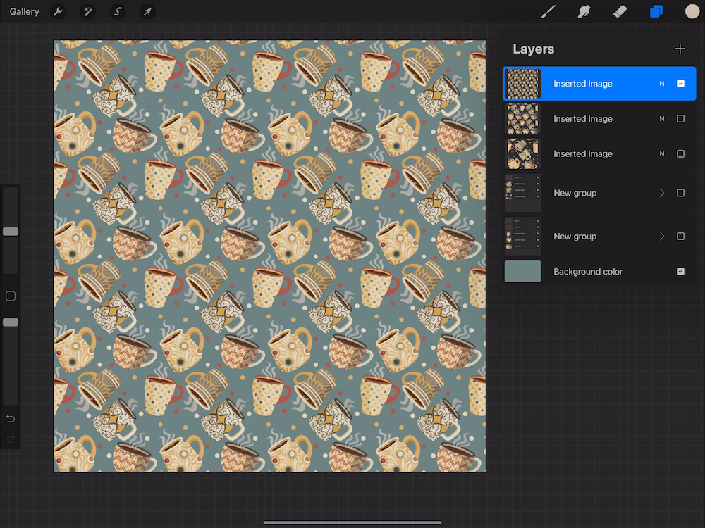 screenshot from procreate of a repeated mug design with layer menu showing