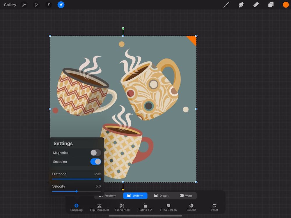 screenshot of procreate showing settings menu with snapping turned on