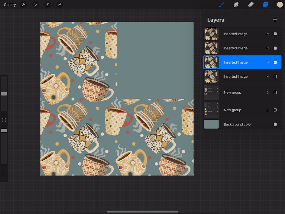 screenshot of procreate with 3 out of 4 quadrants filled with mug design