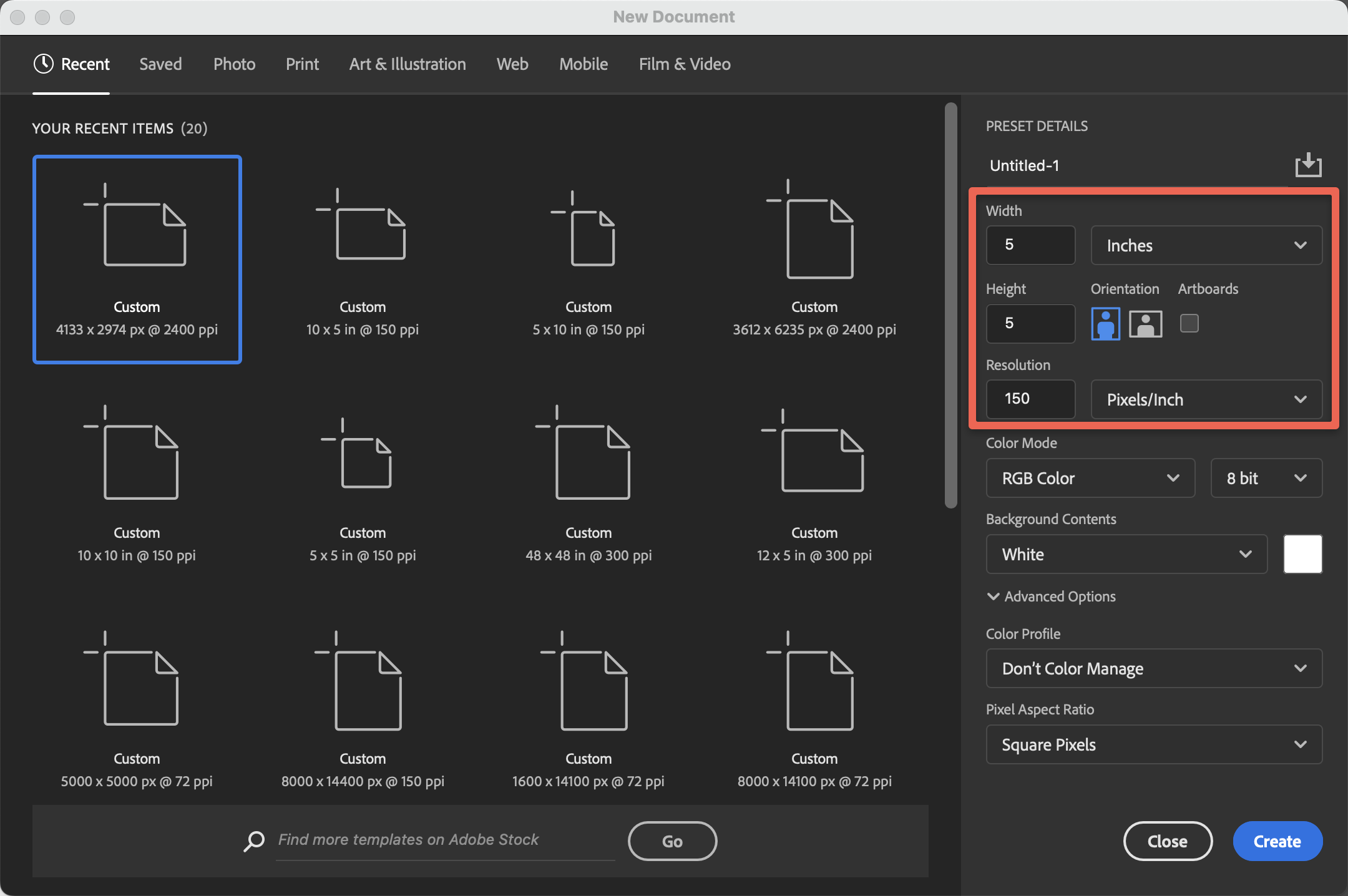 screenshot of new file menu in photoshop