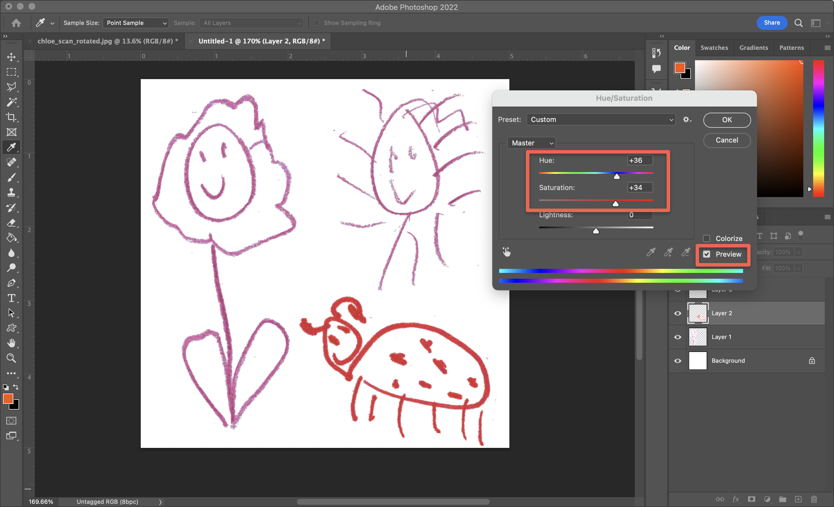 screenshot of hue/saturation menu
