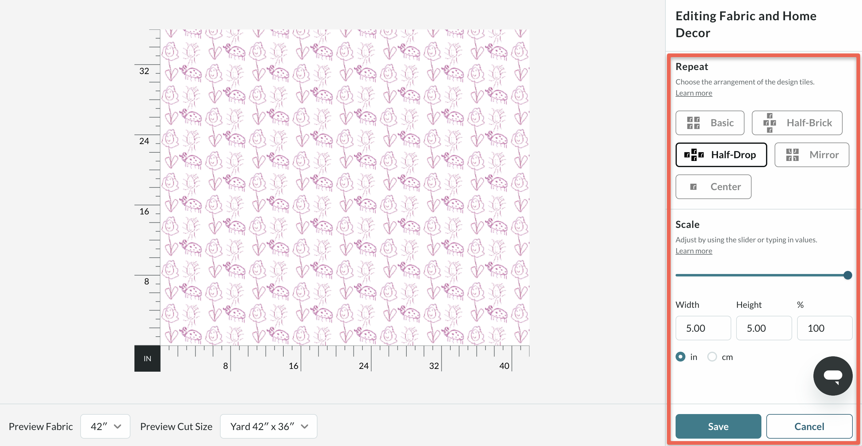 screenshot of design layout page with repeat and scale options highlighted