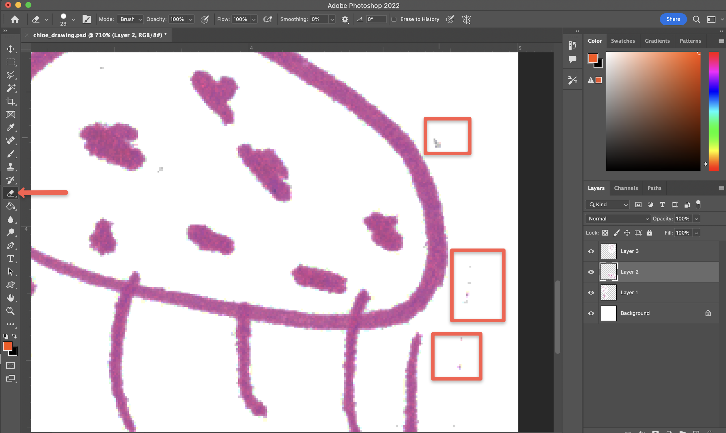 screenshot of smudges and eraser tool in photoshop