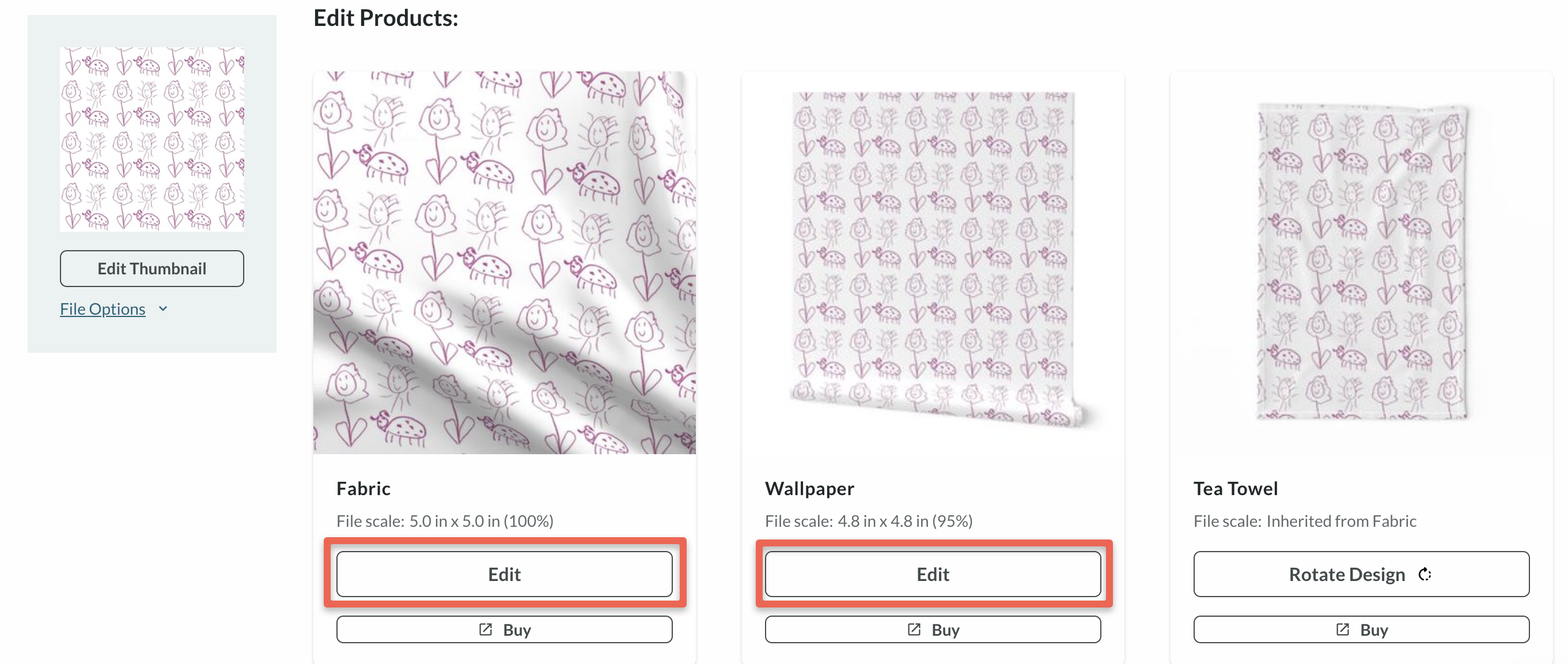 screenshot of design edit page with fabric and wallpaper edit buttons highlighted